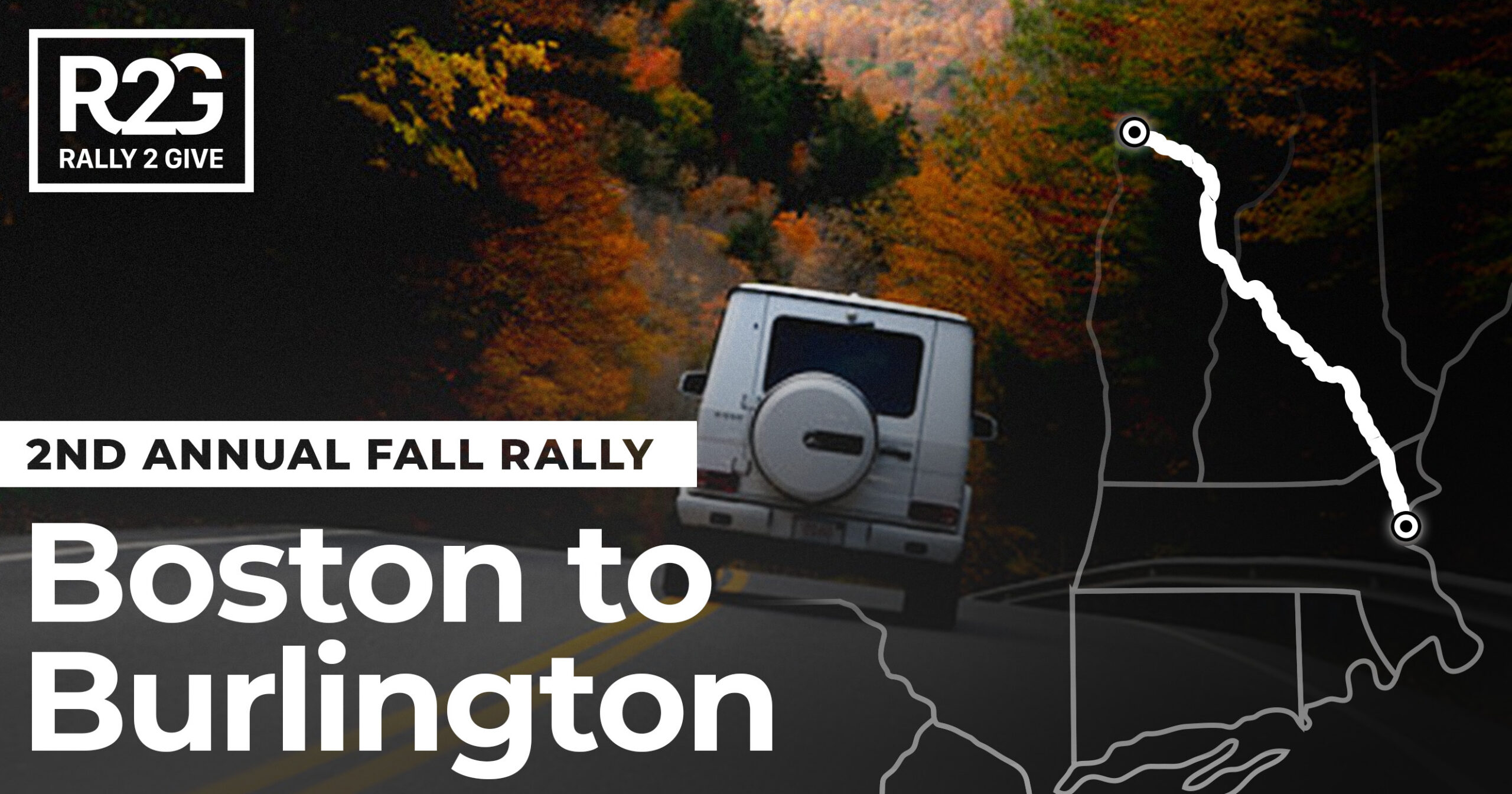 Rally 2 Give 2018 2nd Annual Fall Rally hero image, a white Mercedes G-Wagon driving through autumn foliage on the Boston to Burlington route.