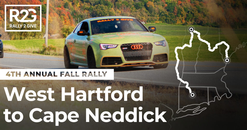 Rally 2 Give 2020 4th Annual Fall Rally hero image, a yellow-green Audi RS5 with Rally 2 Give decals driving past a rural field on the West Hartford to Cape Neddick route.