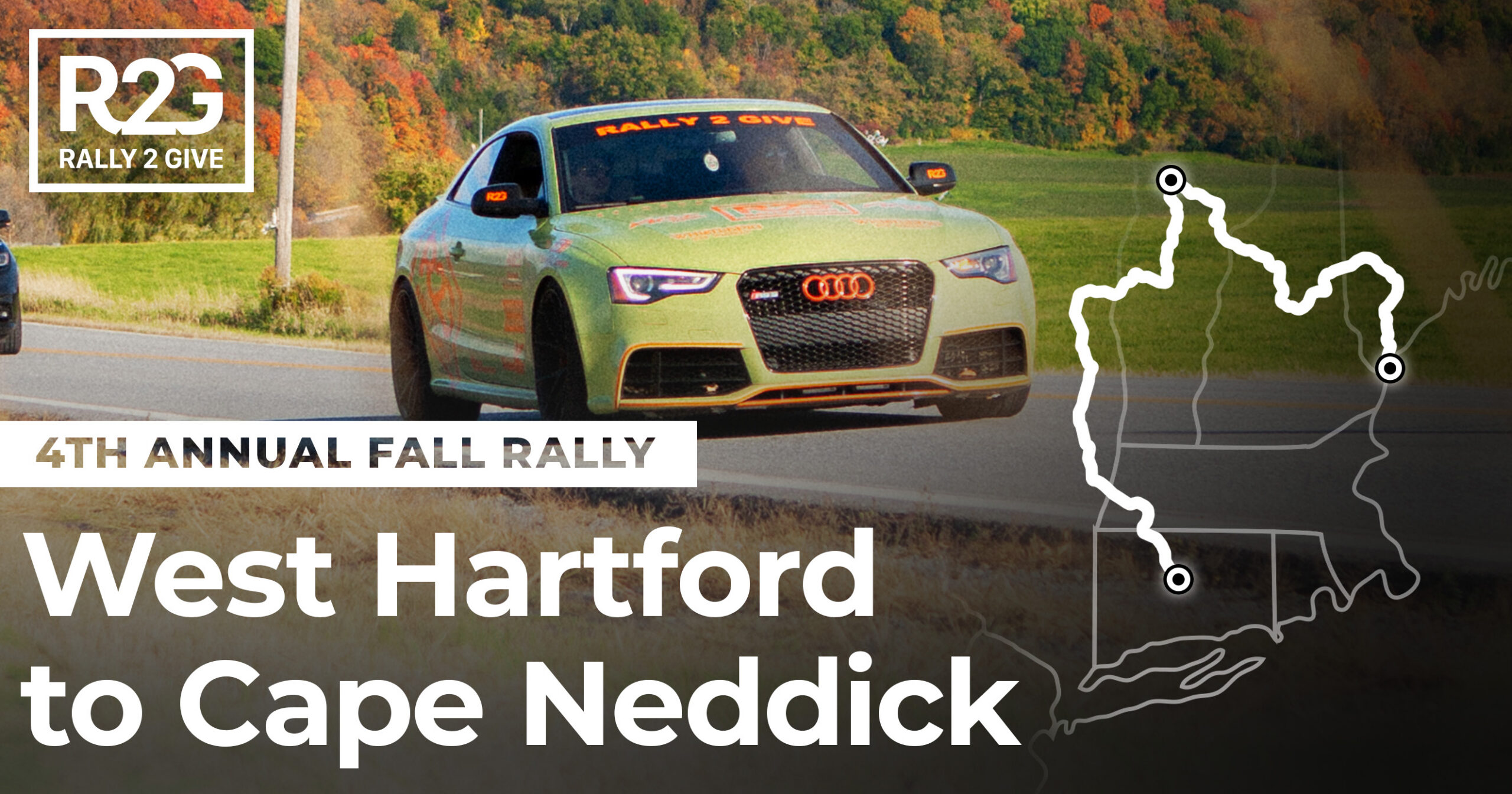 Rally 2 Give 2020 4th Annual Fall Rally hero image, a yellow-green Audi RS5 with Rally 2 Give decals driving past a rural field on the West Hartford to Cape Neddick route.