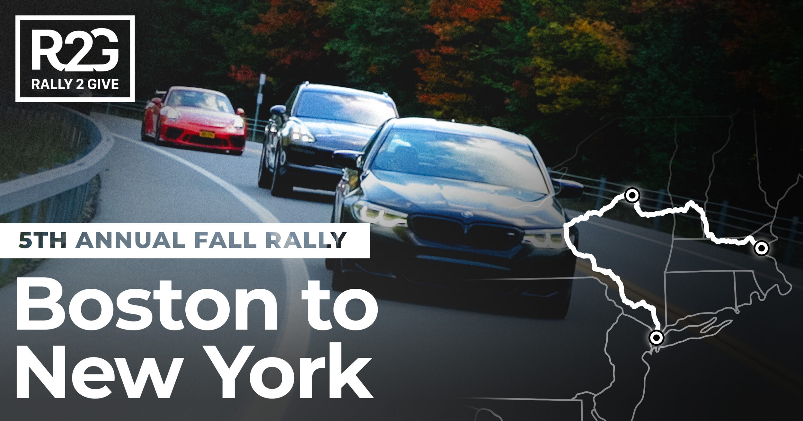 Rally 2 Give 2021 5th Annual Fall Rally hero image, three sports cars driving a tree-lined curve on the Boston to New York route.