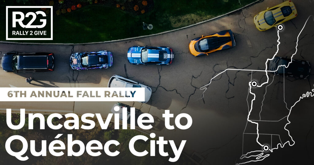 Rally 2 Give 2022 6th Annual Fall Rally hero image, an aerial view of six rally cars lined up on the Uncasville to Québec City route.