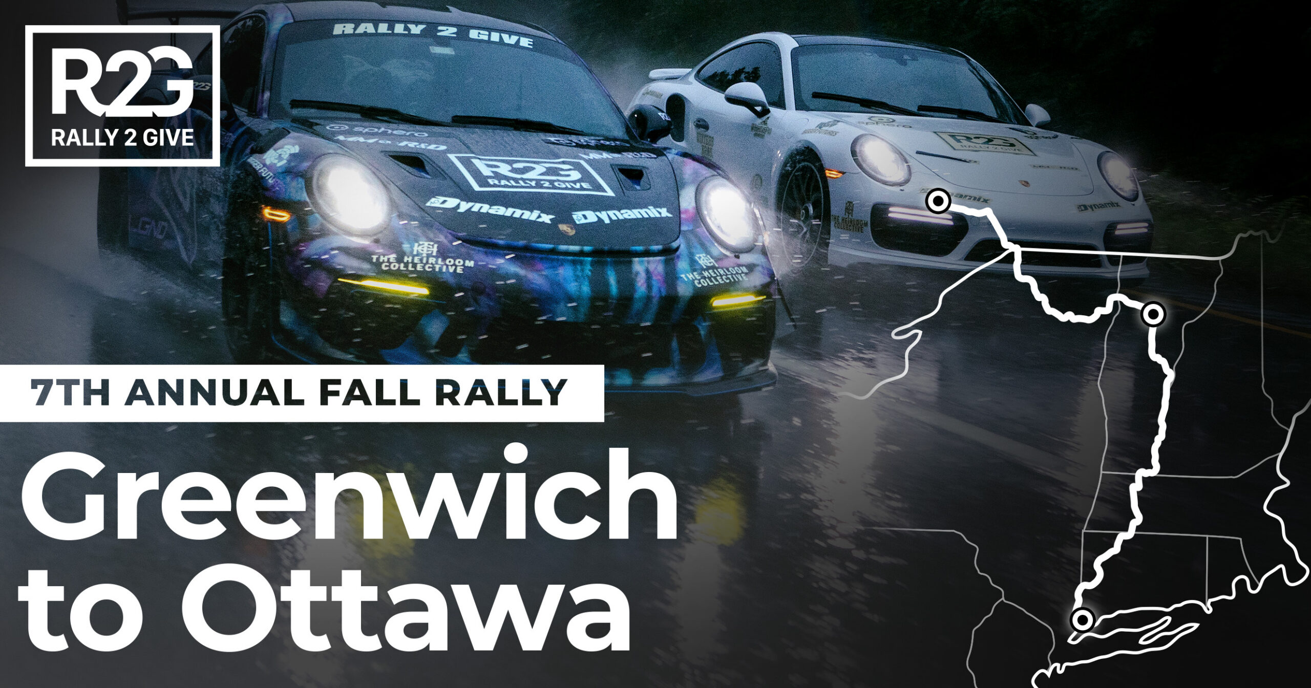 Rally 2 Give 2023 7th Annual Fall Rally hero image, two Rally 2 Give branded Porsches driving in the rain on the Greenwich to Ottawa route.