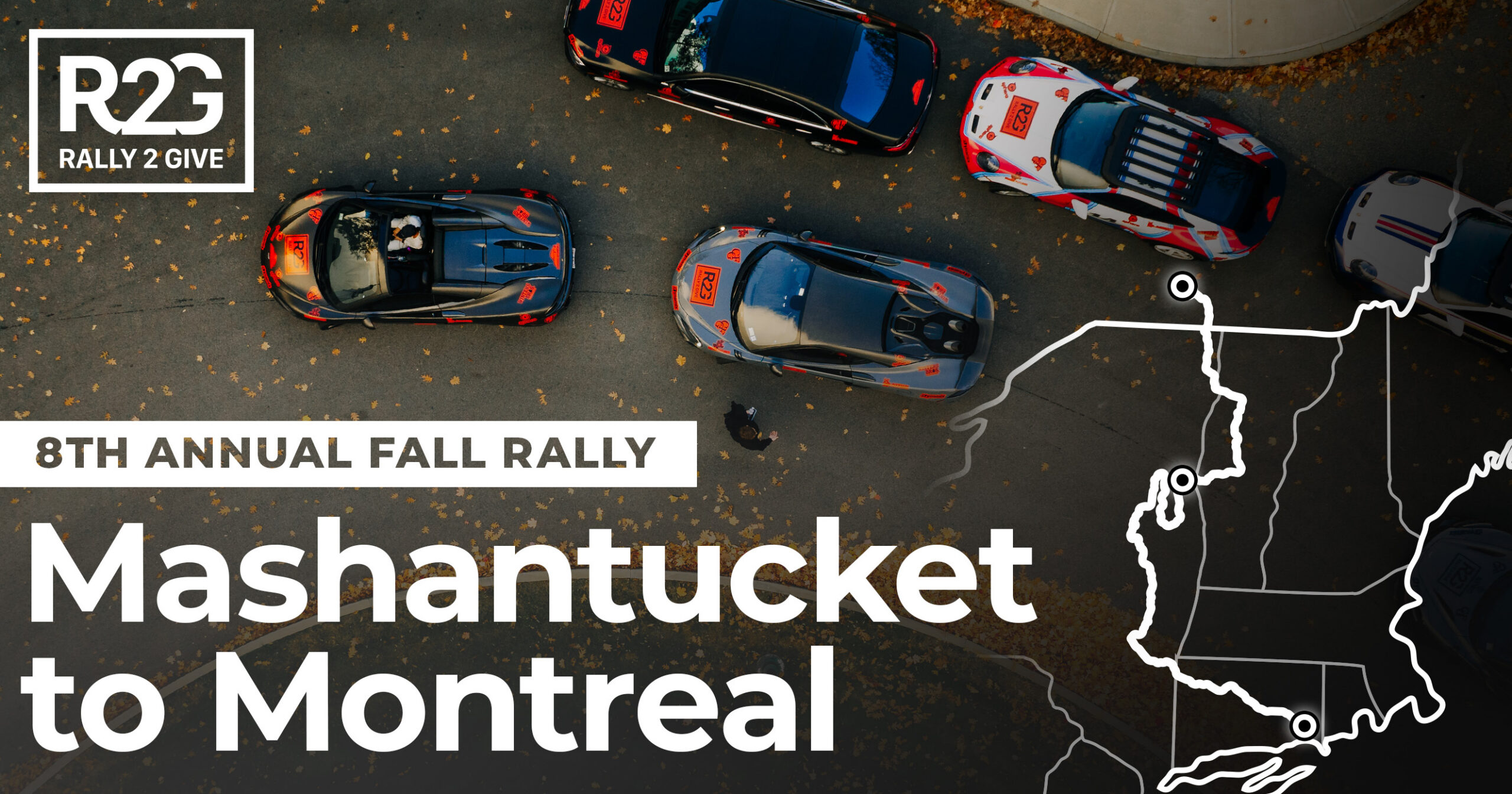Rally 2 Give 2024 8th Annual Fall Rally hero image, an aerial view of rally cars decorated with maple leaf decals parked among fallen autumn leaves on the Mashantucket to Montreal route