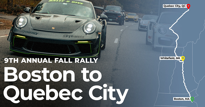 Rally 2 Give R2G car rallly presents Boston to Quebec City in their 9th annual fall rally with a car and map driving to the places