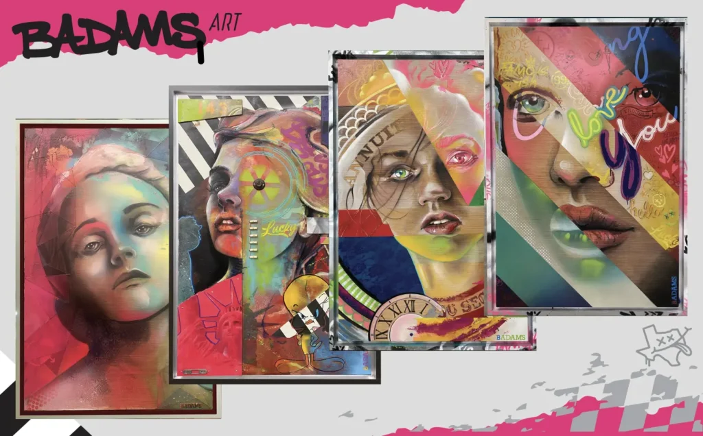 Four colorful BADAMS original paintings blending classic portraiture with graffiti-inspired textures and neon accents, displayed together as part of the Rally 2 Give auction.